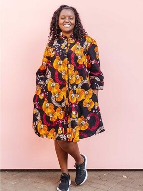 Zuri Kenya 100% Cotton Shirt Dress Orchidea African Print Sz Small Tall Pockets